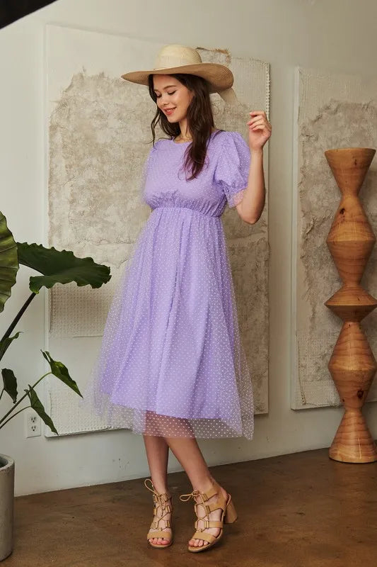 Davi & Dani Mesh Puff Short Sleeve Midi Dress
