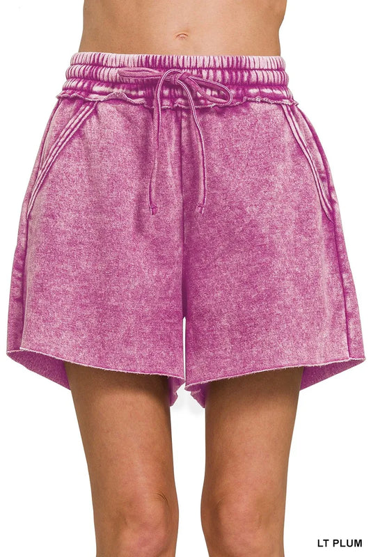 Zenana Acid Wash Fleece Drawstring Shorts With Pockets LT PLUM