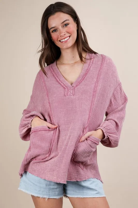 VERY J Plus Size Washed Cotton Gauze Oversized Top Mauve
