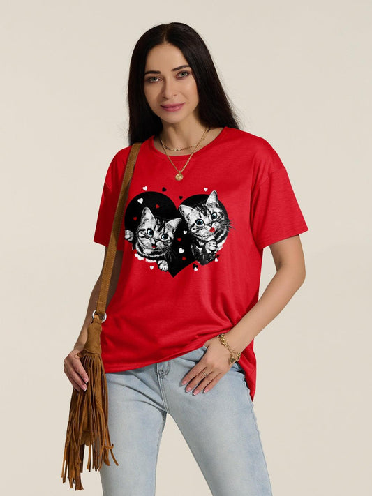 FAM-FAM Cat Round Neck Dropped Shoulder T-Shirt Deep Red