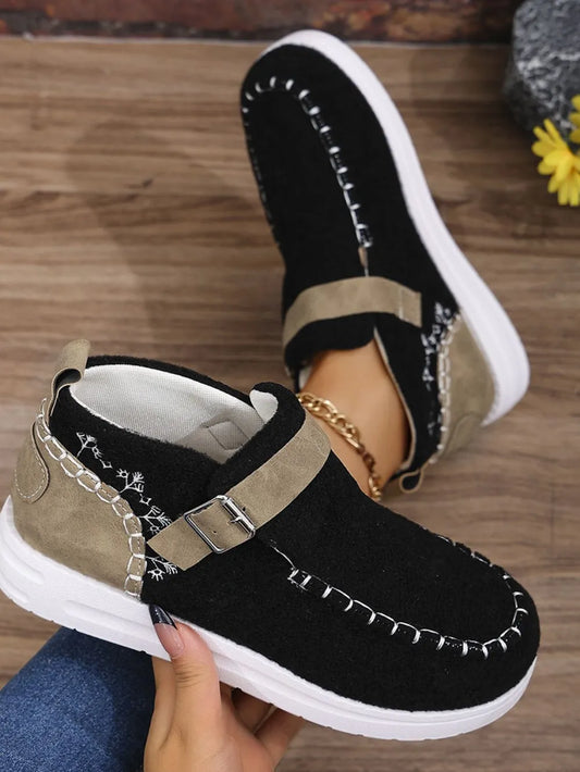 Contrast Round Toe Buckle Sneakers Black