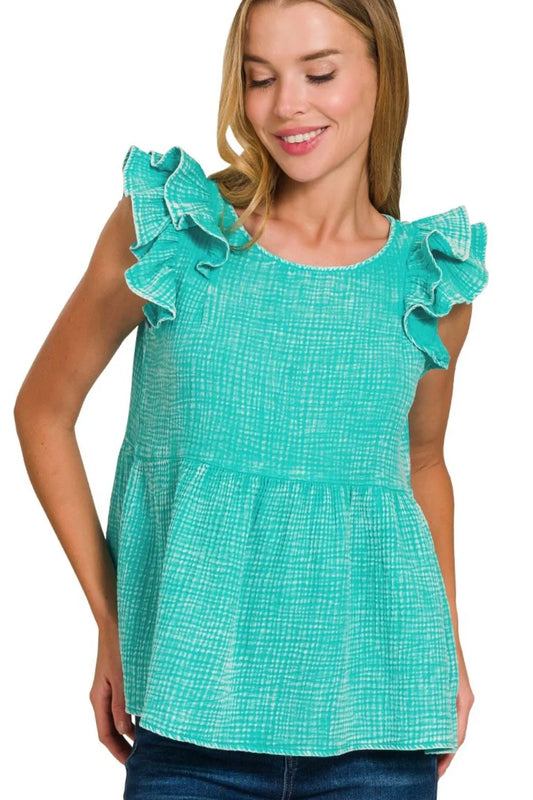 Zenana Double Gauze Acid Washed Tiered Ruffle Peplum Top TURQUOISE