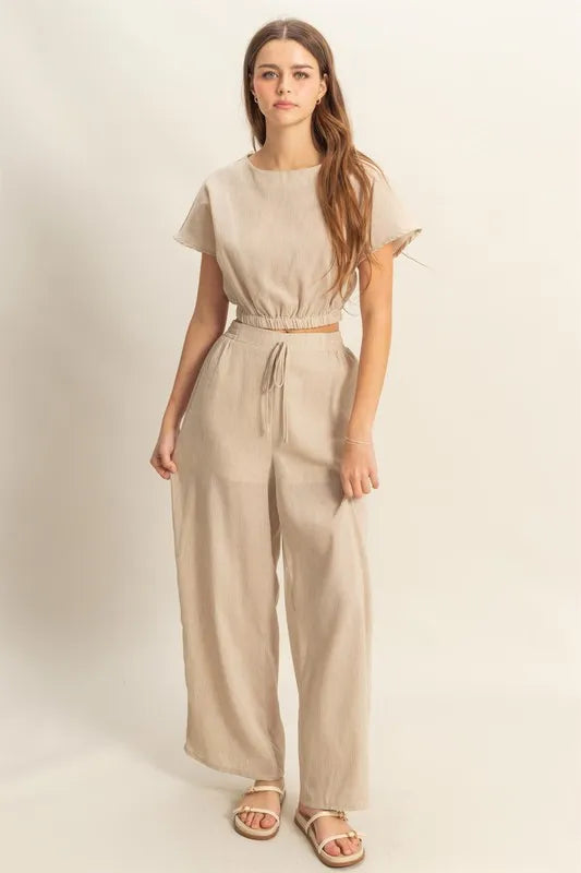HYFVE Round Neck Short Sleeve Top and Pants Set Tan