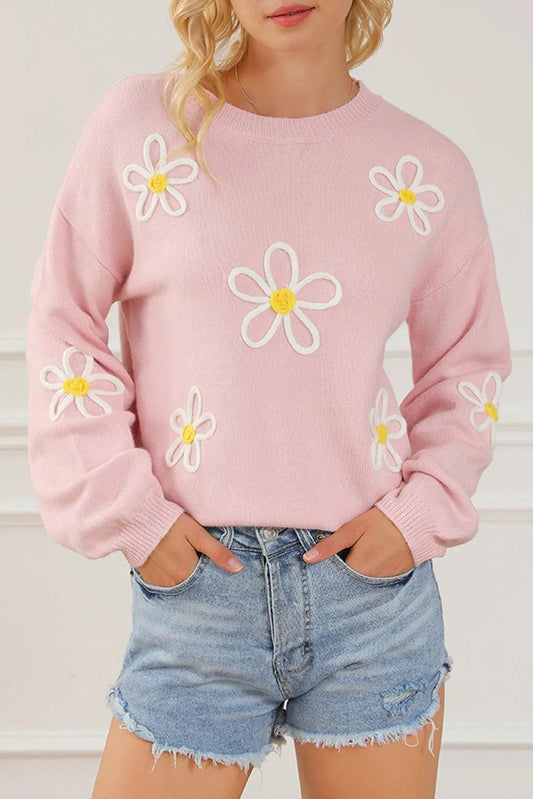 Flower Round Neck Dropped Shoulder Sweater Blush Pink
