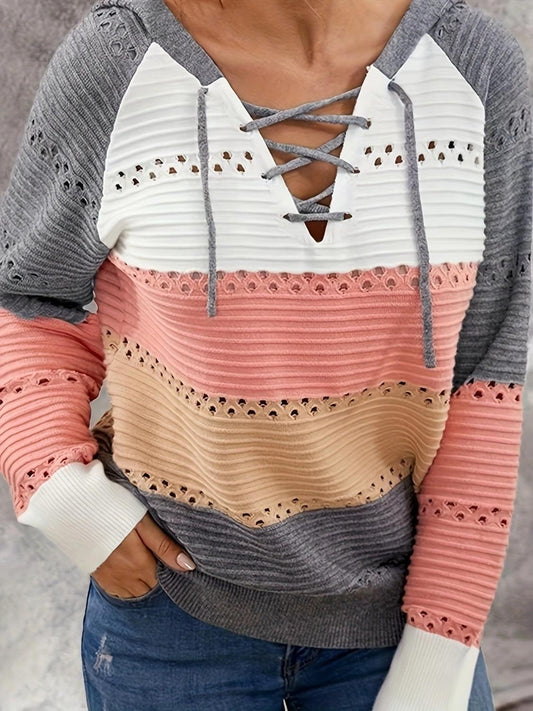Lace-Up Contrast Long Sleeve Hooded Sweater Dark Gray