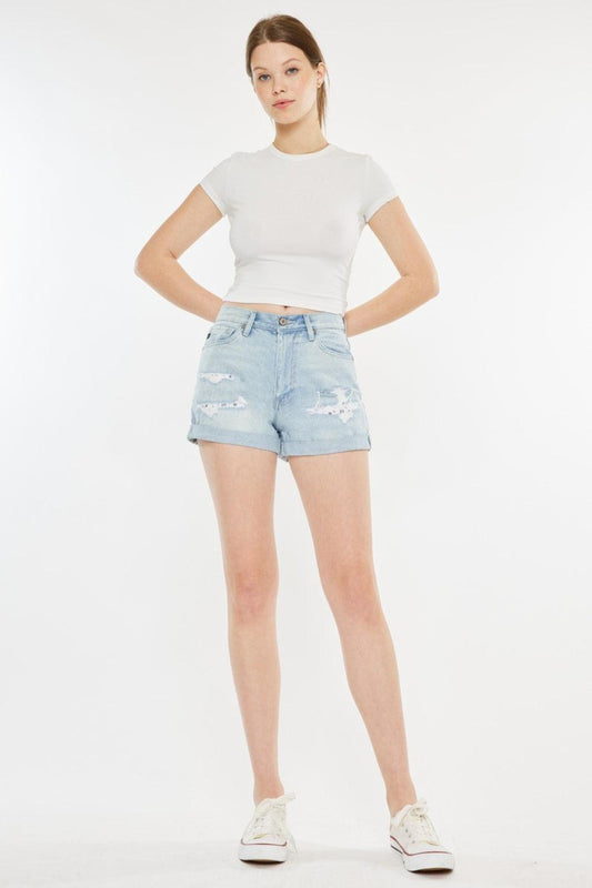 Kancan High Rise Repaired Mom Denim Shorts Light