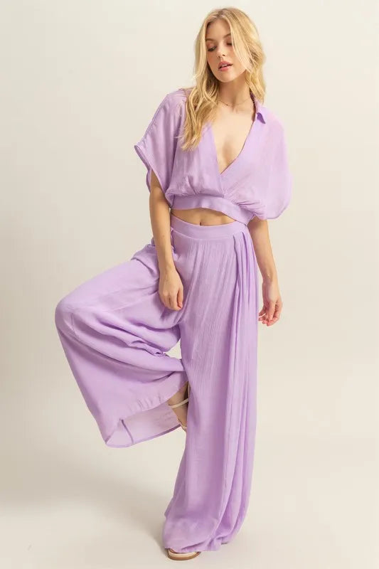 HYFVE Kimono Sleeve Crop Top and Wide Leg Pants Set Pink Purple