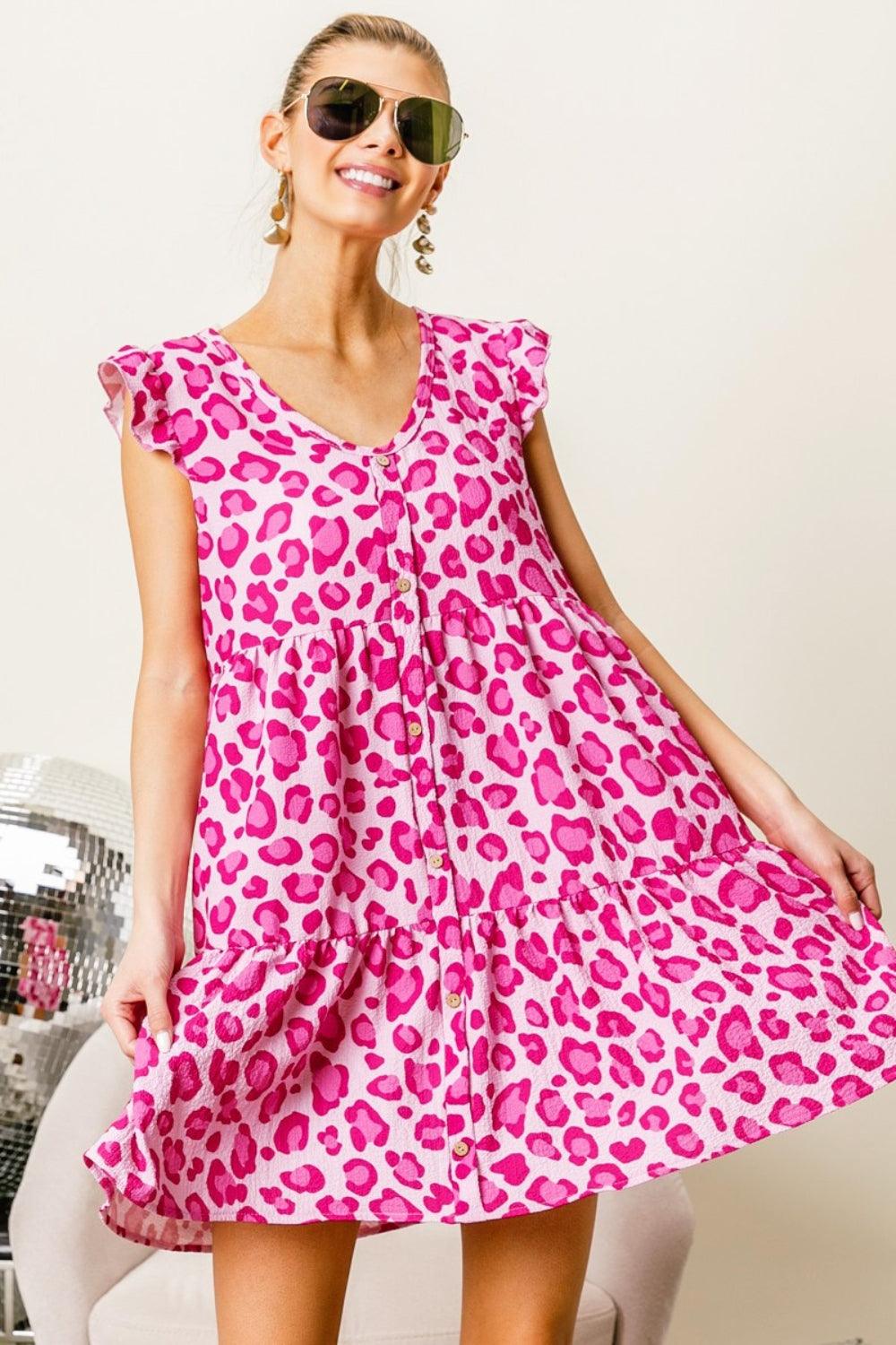 BiBi Leopard Cap Sleeve Tiered Mini Dress Pink Fuchsia