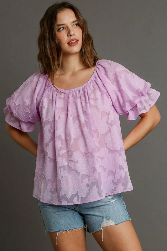 Umgee Full Size Jacquard Round Neck Ruffled Puff Sleeve Blouse Plus Size Pink Purple