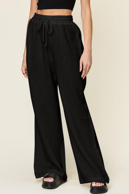 Double Take Full Size Texture Drawstring Wide Leg Pants Black