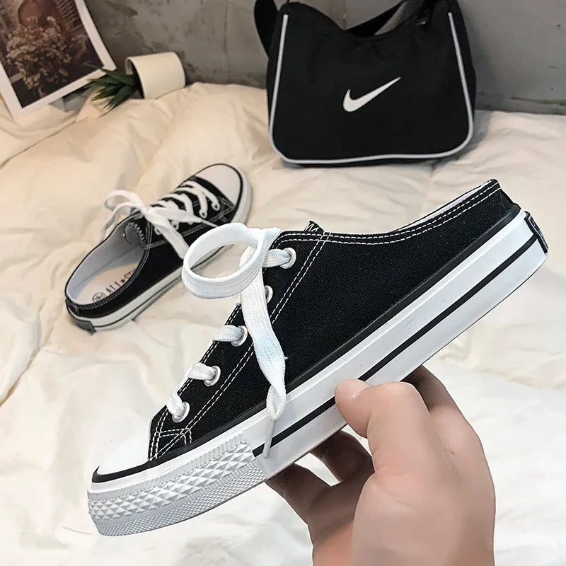 Round Toe Lace-Up Canvas Sneakers Black