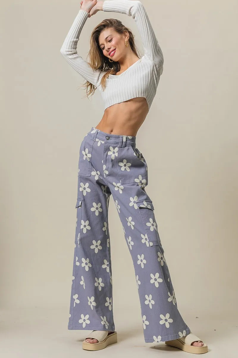 BiBi Flower Printed Side Pocket Wide Pants