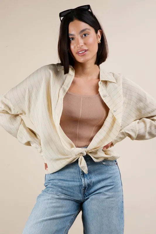 VERY J Full Size Oversized Striped Button Down Shirt Top Plus Size Beige