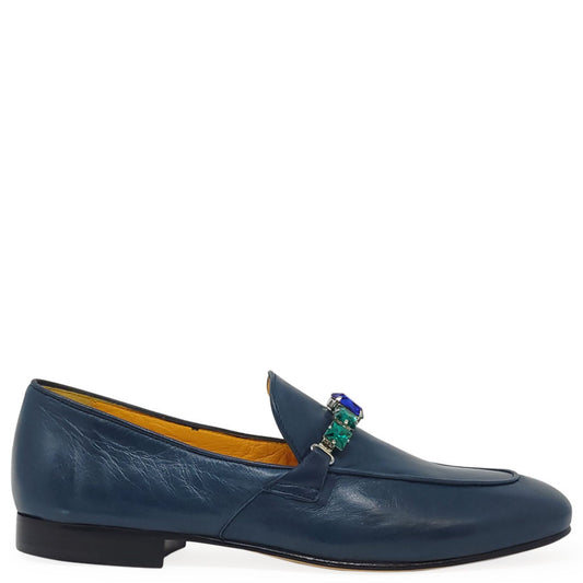 Blue Leather Flat Jeweled Loafer
