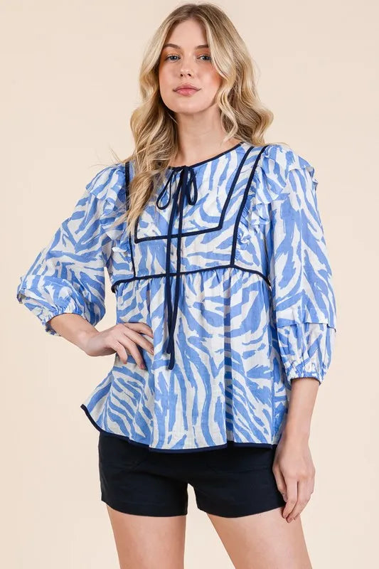 Lime 'N' Chili Graphic Print Solid Trim Quarter Sleeve Blouse