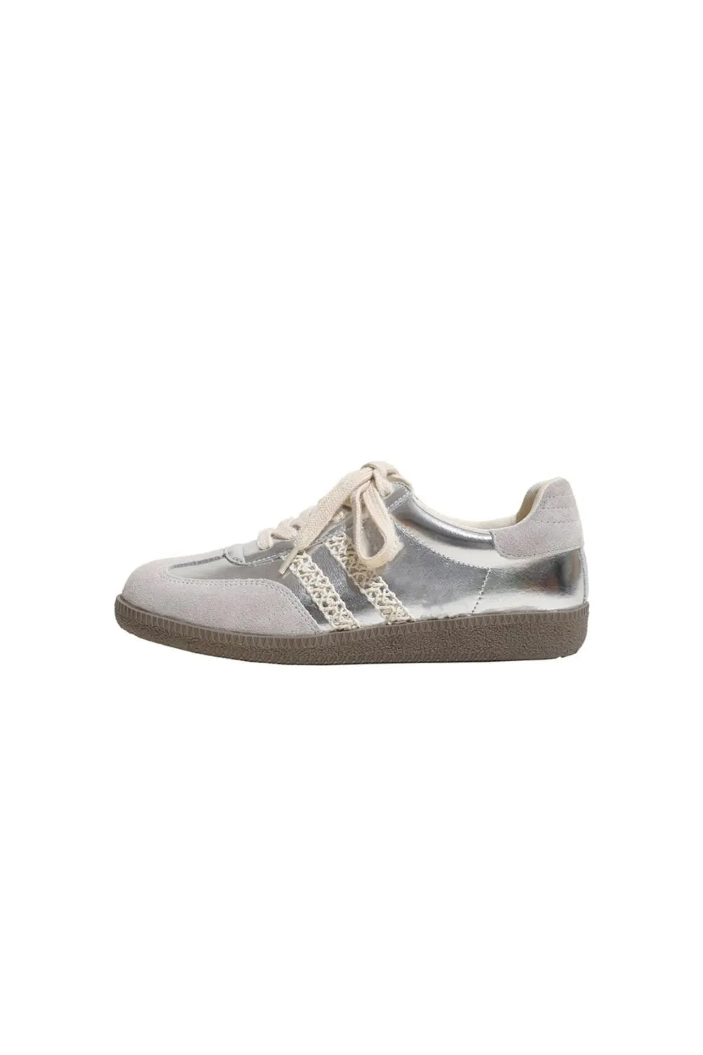 Lace Up PU Leather Round Toe Flats Sneakers Silver