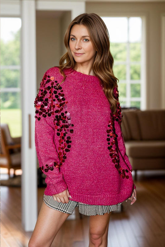 Sequin Round Neck Long Sleeve Sweater Deep Rose