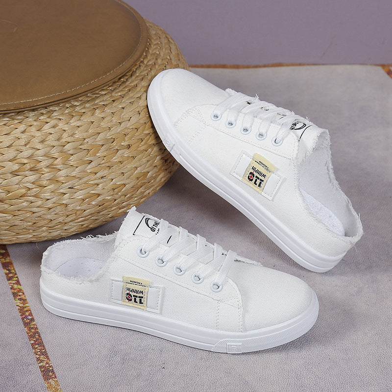 Frayed Hem Lace Up Canvas Sneakers White