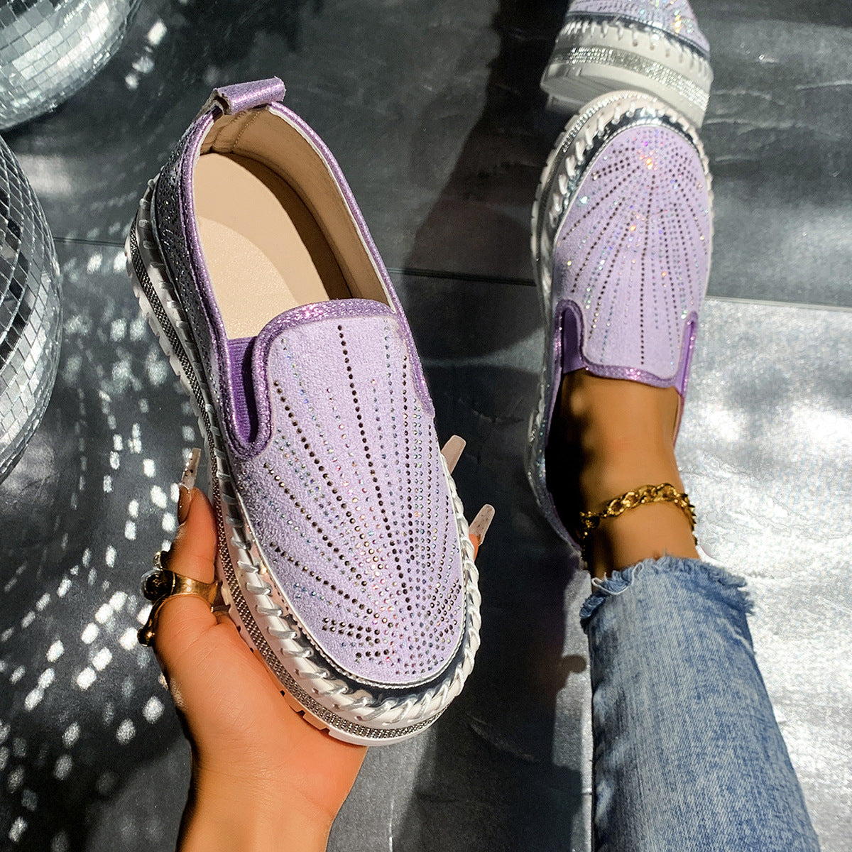 Women's Rhinestone Loafers - Casual Slip-On Dress Shoes with Thick Sole