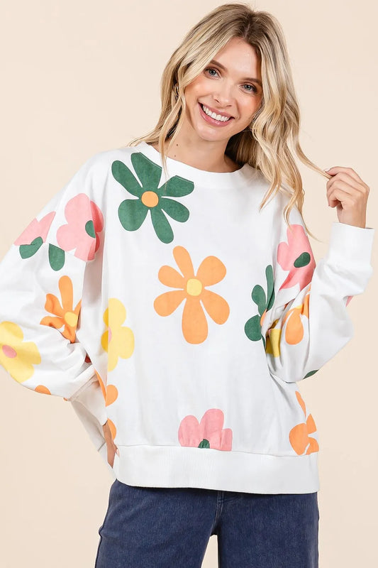Mittoshop Mineral Wash Flower Print French Terry Sweatshirt OFF WHITE