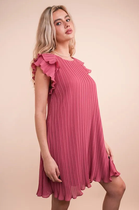 VERY J Plus Size Ruffle Sleeve Pleated Woven Mini Dress
