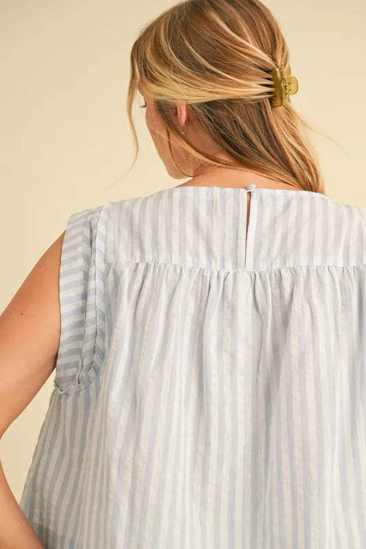Aemi+Co Ruched Striped Round Neck Sleeveless Top