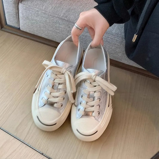Round Toe Lace Up Platform Canvas Sneakers Silver