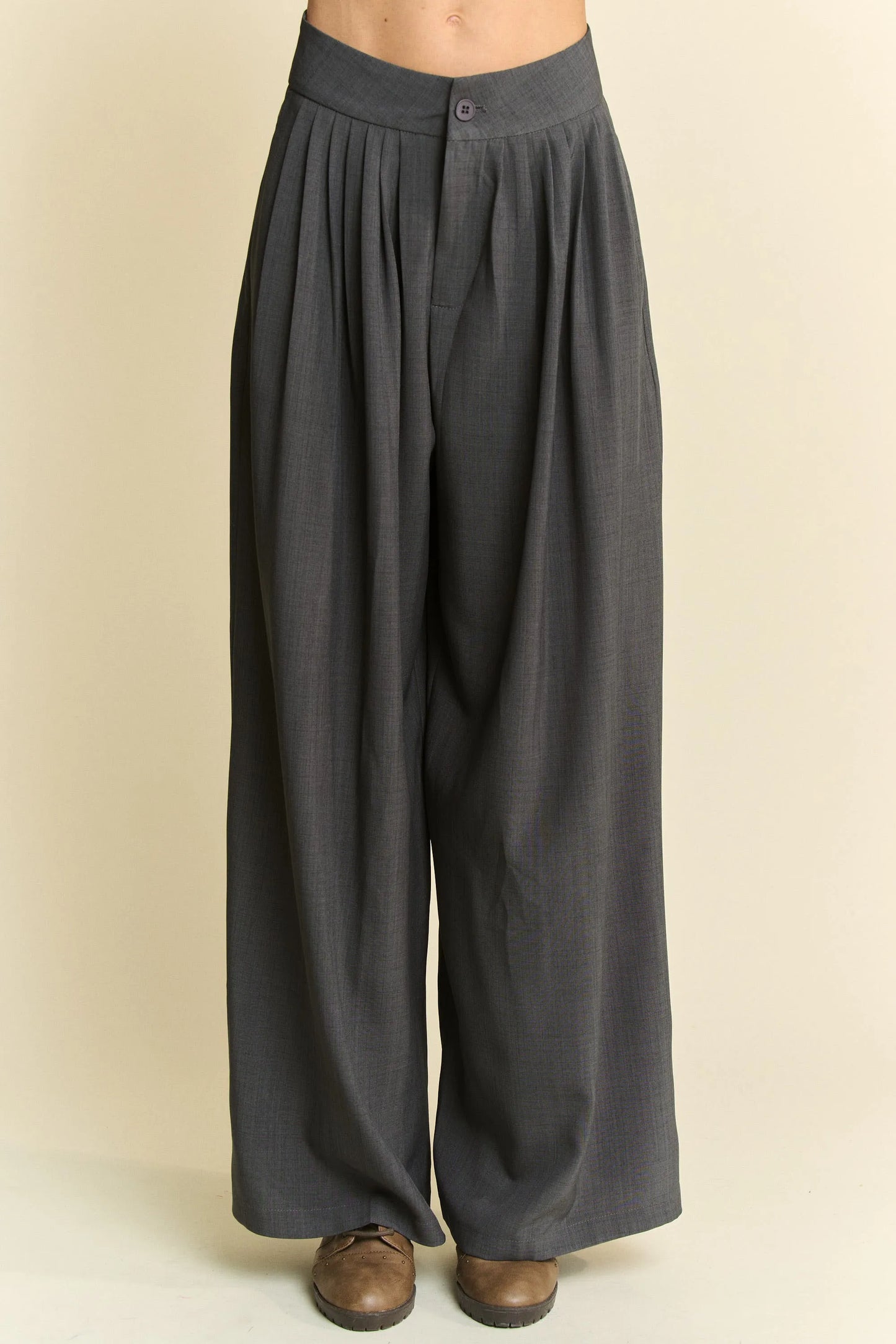 Davi & Dani Solid Back Pocket Shirring Detail Wide Leg Pants GREY