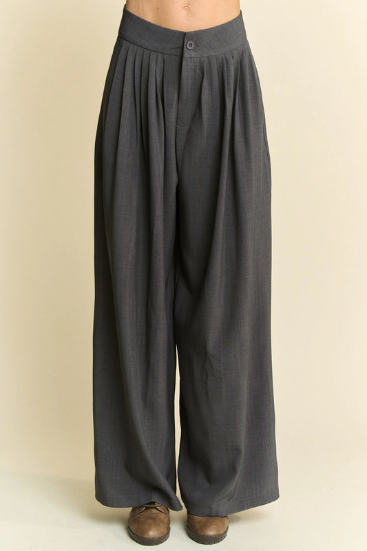 Davi & Dani Solid Back Pocket Shirring Detail Wide Leg Pants GREY