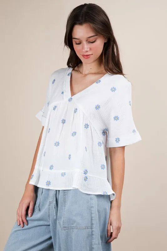 VERY J Flower Embroidered Woven Blouse