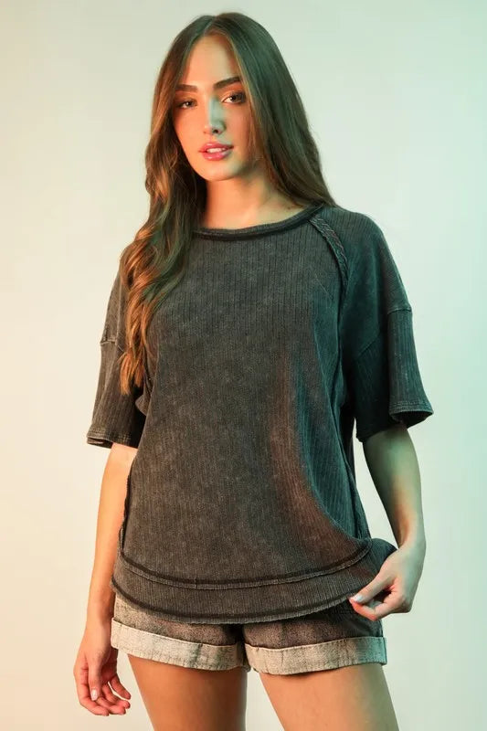 VERY J Mineral Washed Ribbed Knit Casual Top Black