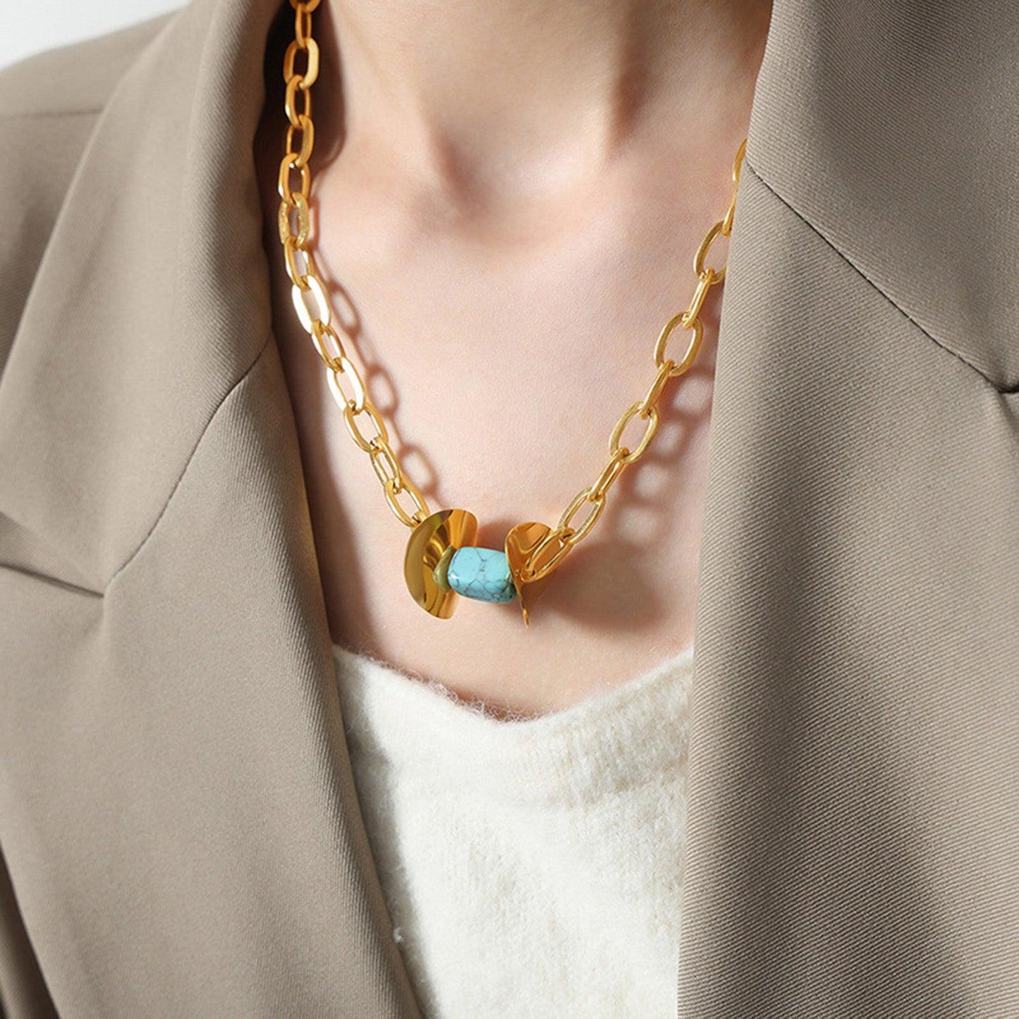 Natural Stone Pendant Titanium Steel Necklace Light Blue One Size