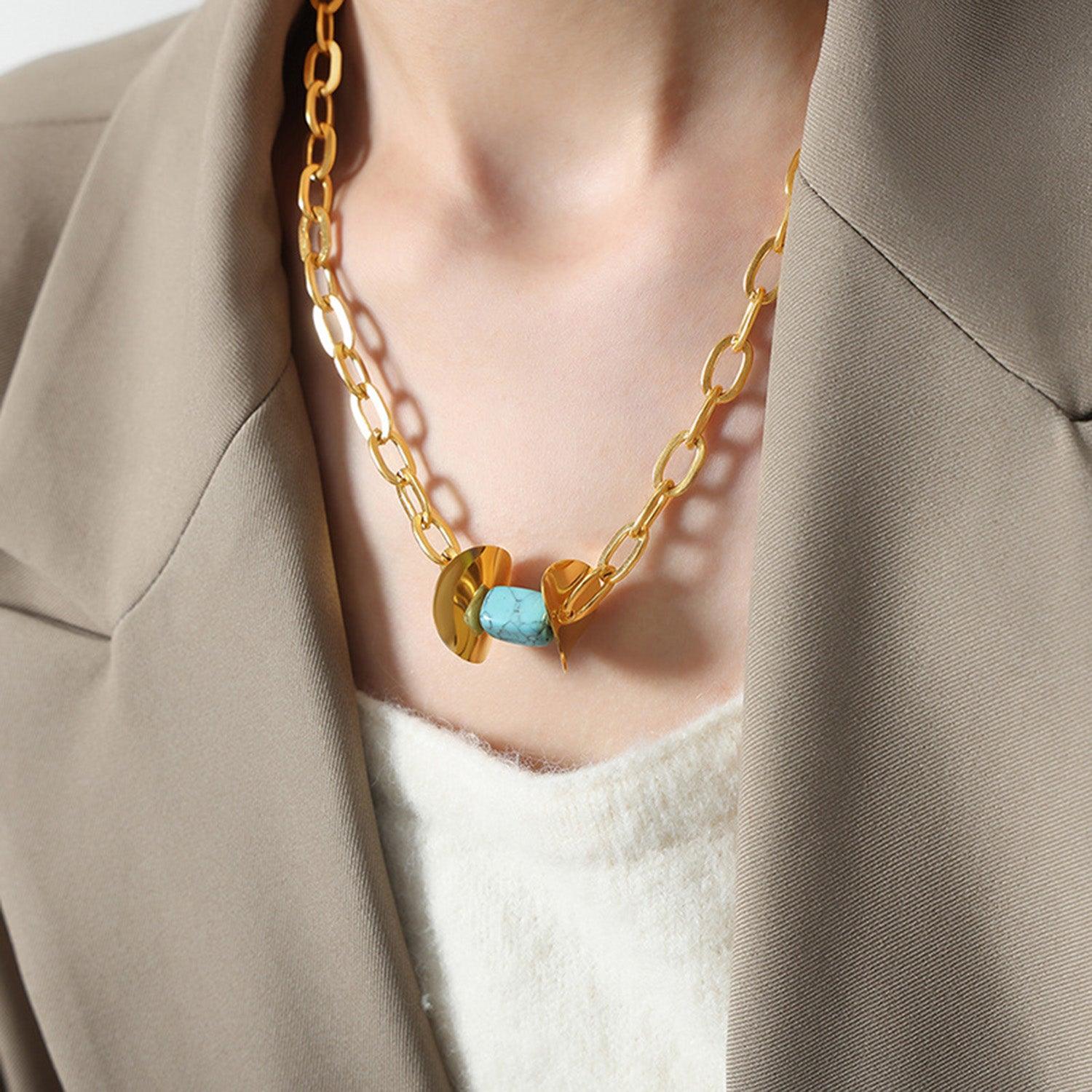 Natural Stone Pendant Titanium Steel Necklace Light Blue One Size