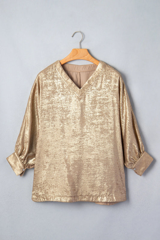 Metallic V-Neck Button Cuff Dolman Sleeve Blouse