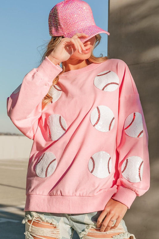 BiBi Sequin Baseball Patches French Terry Sweatshirt Lt Pink