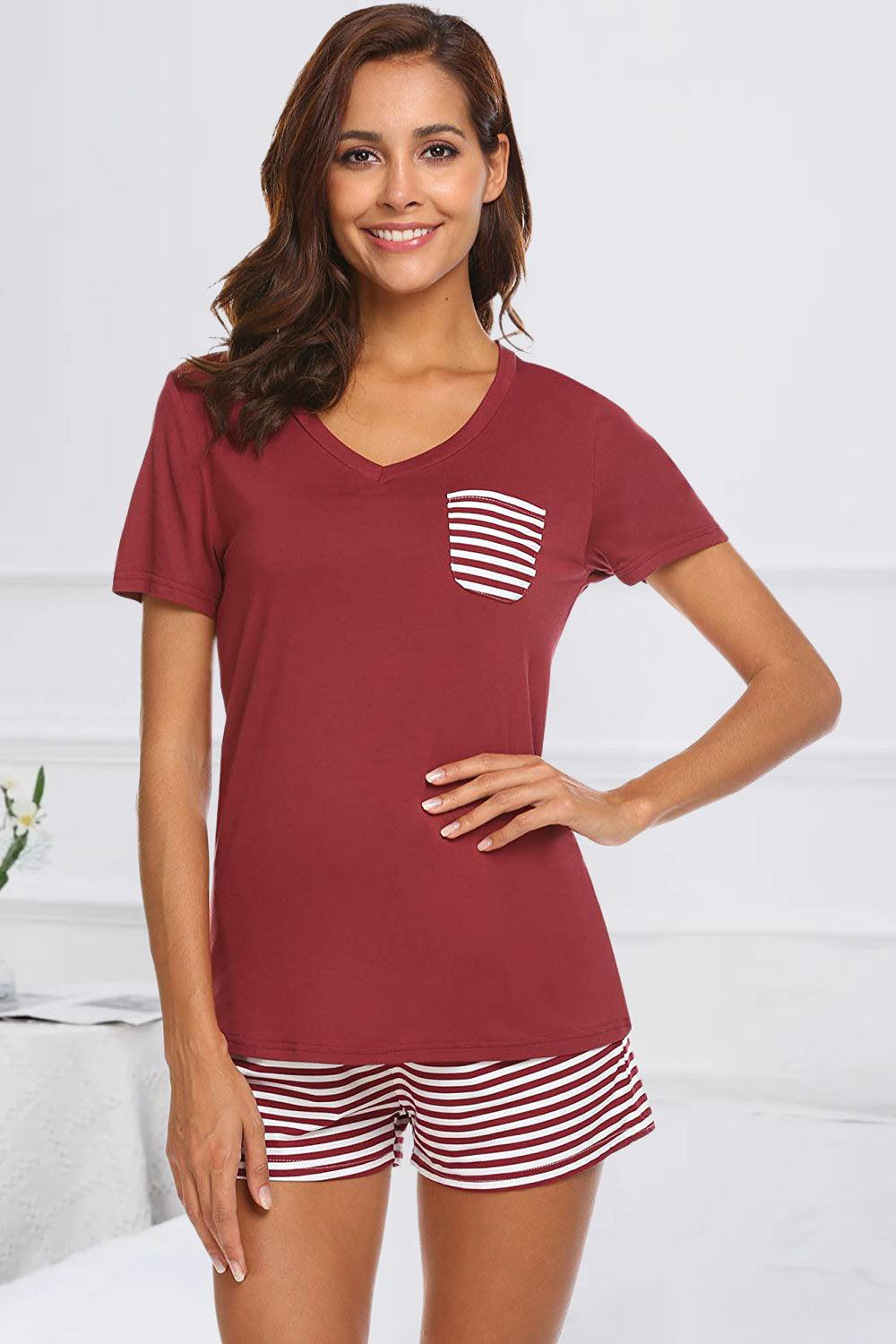 Striped Short Sleeve Top and Shorts Lounge Set Burgundy