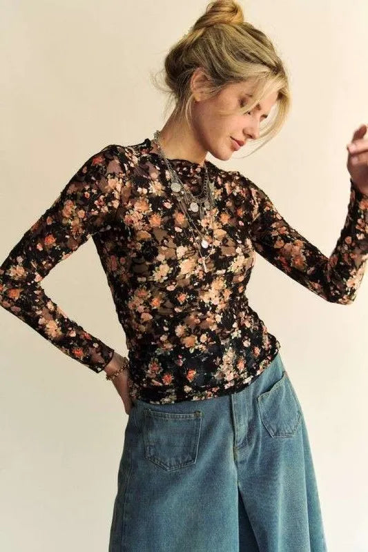 Davi & Dani Floral Print Mesh Long Sleeve Layering Top Black Orange