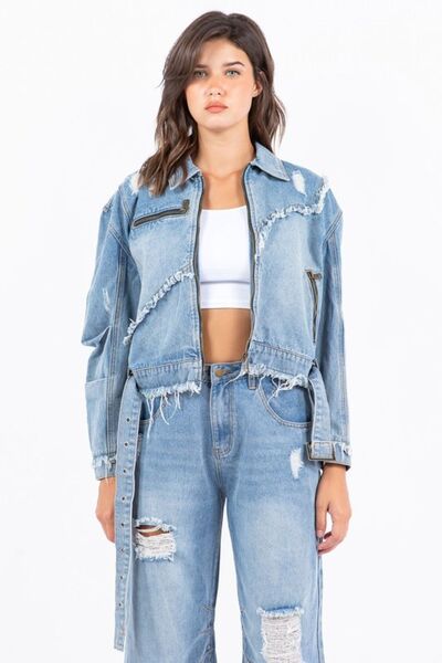 American Bazi Full Size Distressed Frayed Edge Zip Up Denim Jacket Plus Size Light Blue