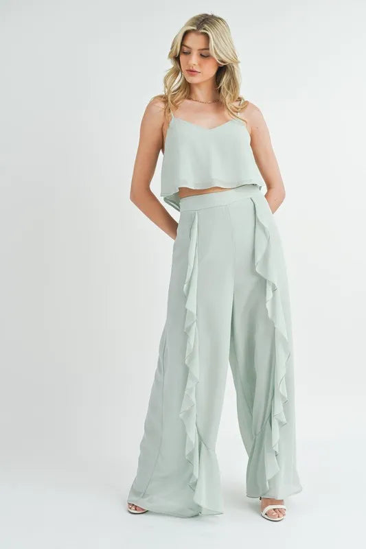 MABLE Crop Cami and Ruffled Wide Leg Pants Set Lt Mint