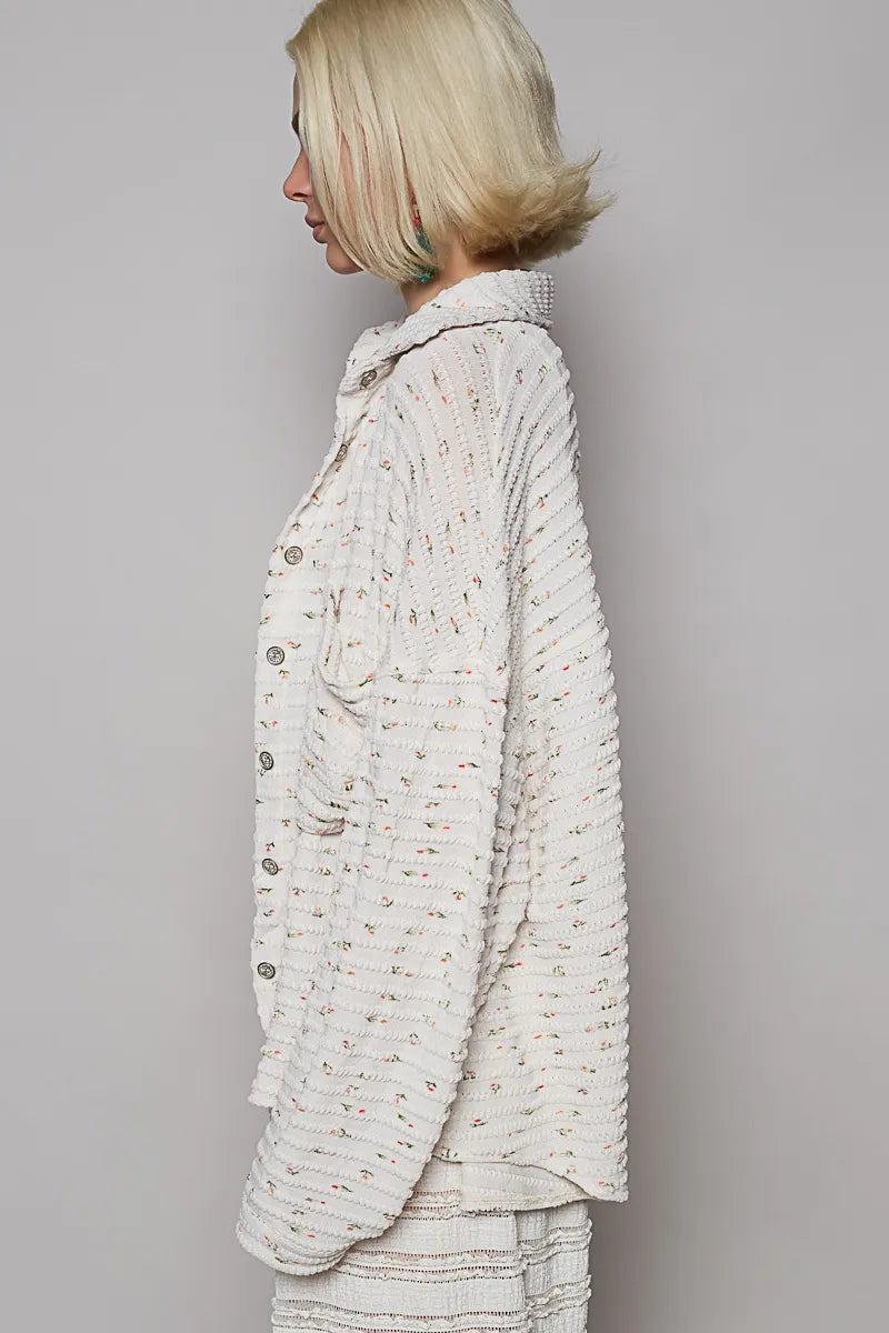 POL Floral Print Textured Button-Up Shirt