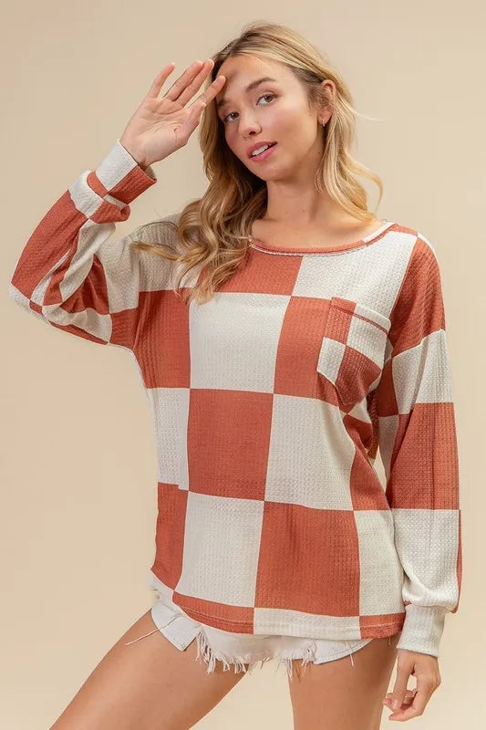 BiBi Checker Printed Hacci Top With Front Pocket