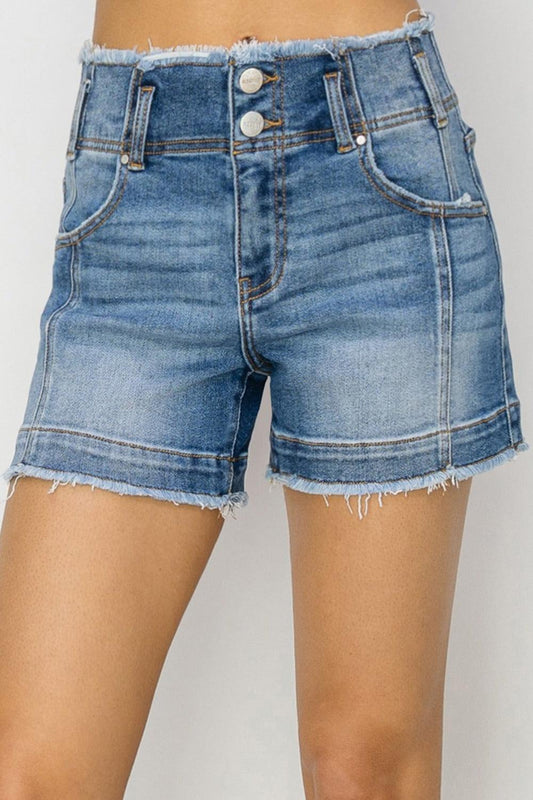 RISEN High Rise Seam Detailed Raw Edge Denim Shorts Medium
