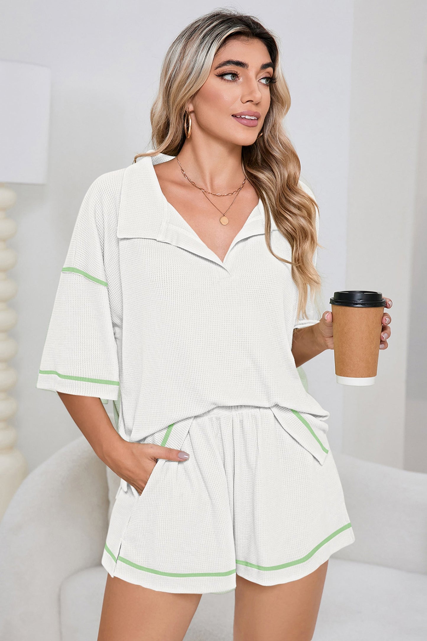 Colorblock Trim Waffle Knit Top and Shorts Set