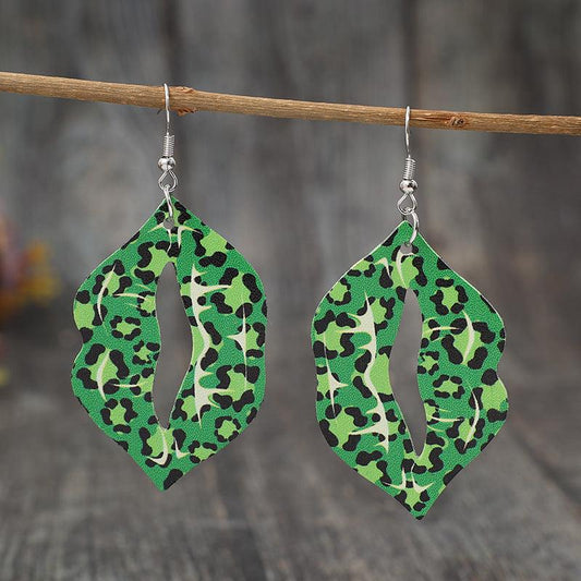 Leopard Lip Shape Leather Earrings Green One Size