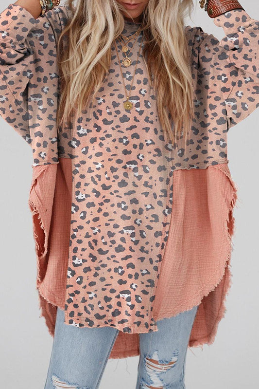 Textured Leopard Dropped Shoulder Blouse Blush Pink