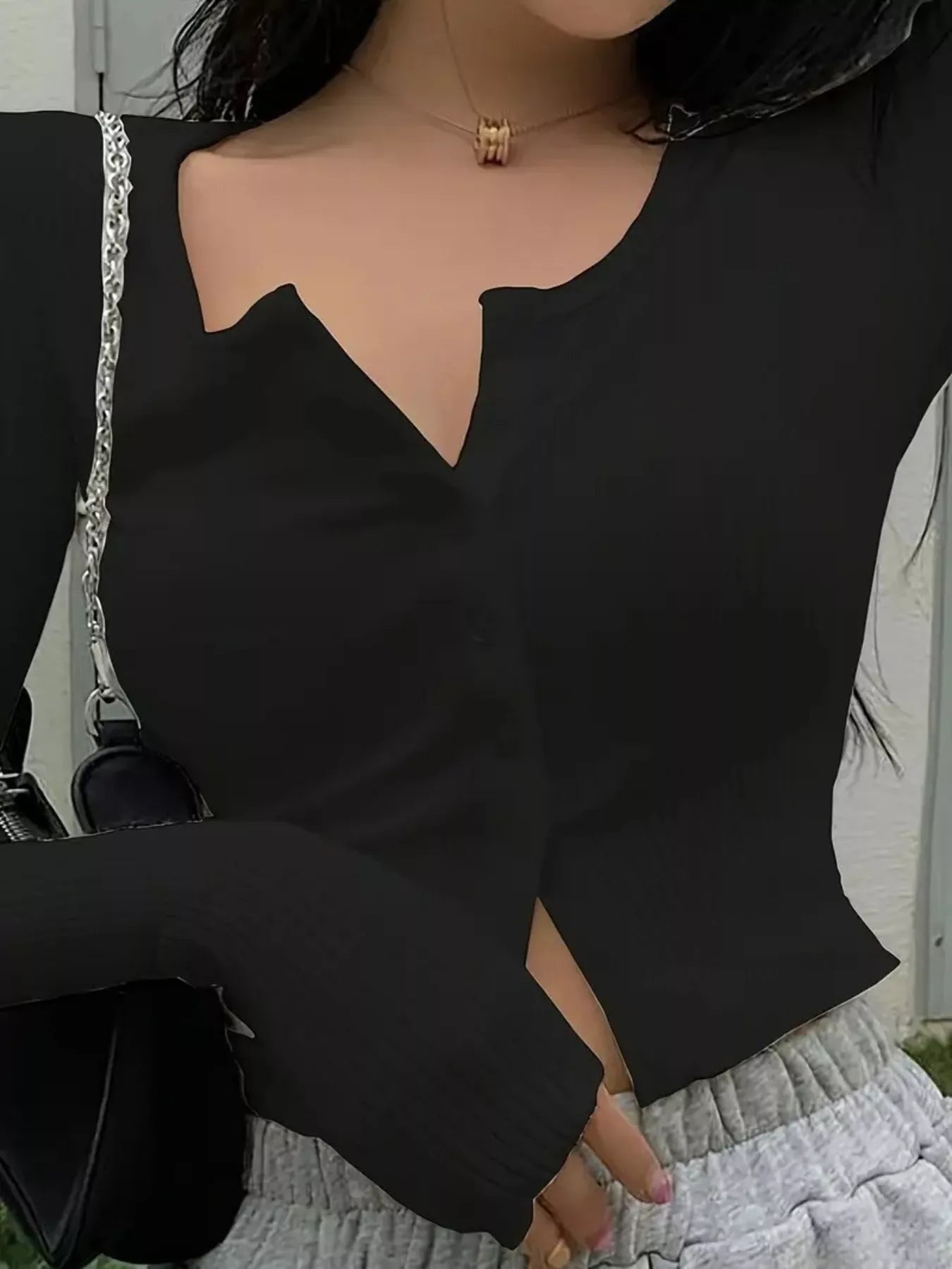 Ribbed Button-Down Long Sleeve T-Shirt