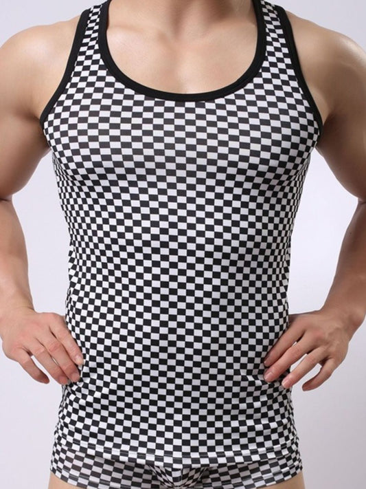 Men's Round Neck Checkered Tank Black