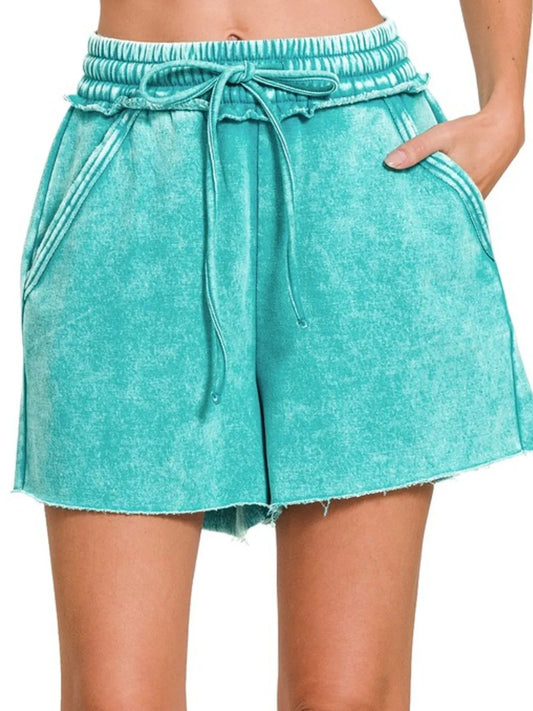 Zenana Acid Wash Fleece Drawstring Shorts With Pockets LT TEAL