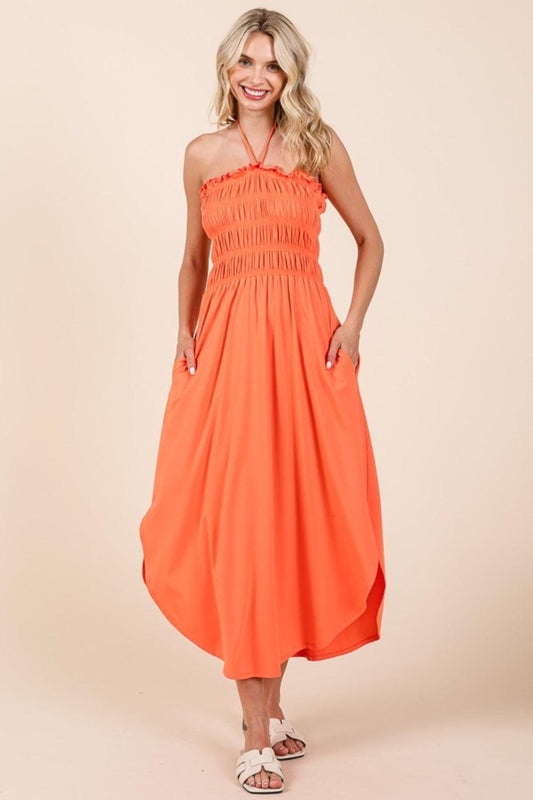 Culture Code Tie Back Shirring Dress with Pockets Living Coral