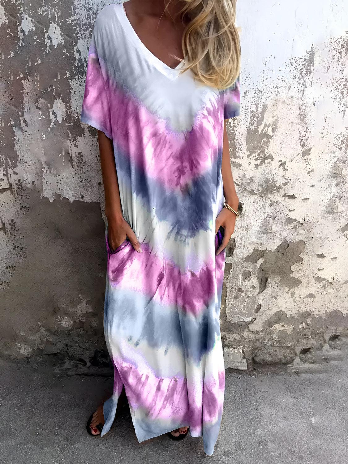 Full Size Pocketed Tie-Dye Short Sleeve Dress Fuchsia Pink